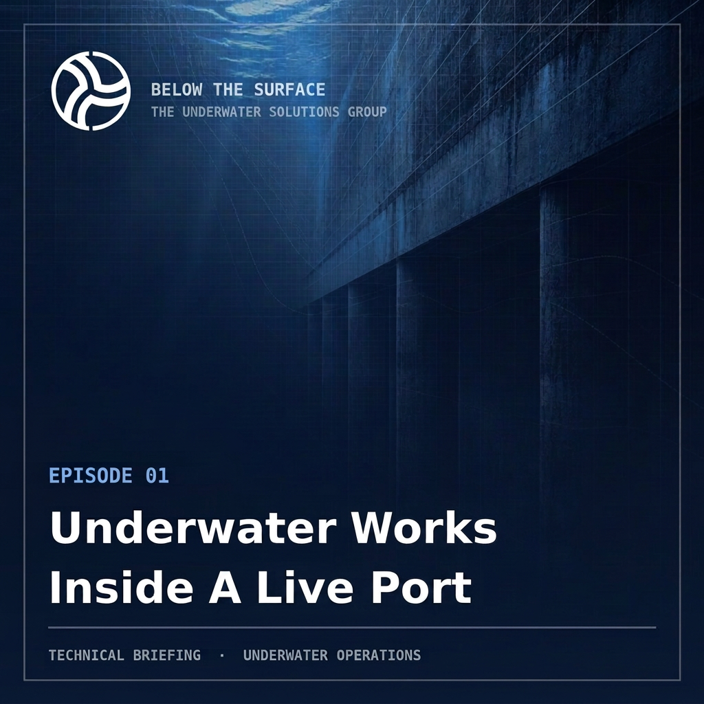 Below the Surface cover artwork for the episode “Executing Underwater Works Inside A Live Port”
