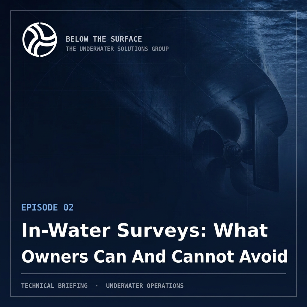 Below the Surface cover artwork for the episode “In-Water Surveys: What Owners Can And Cannot Avoid”