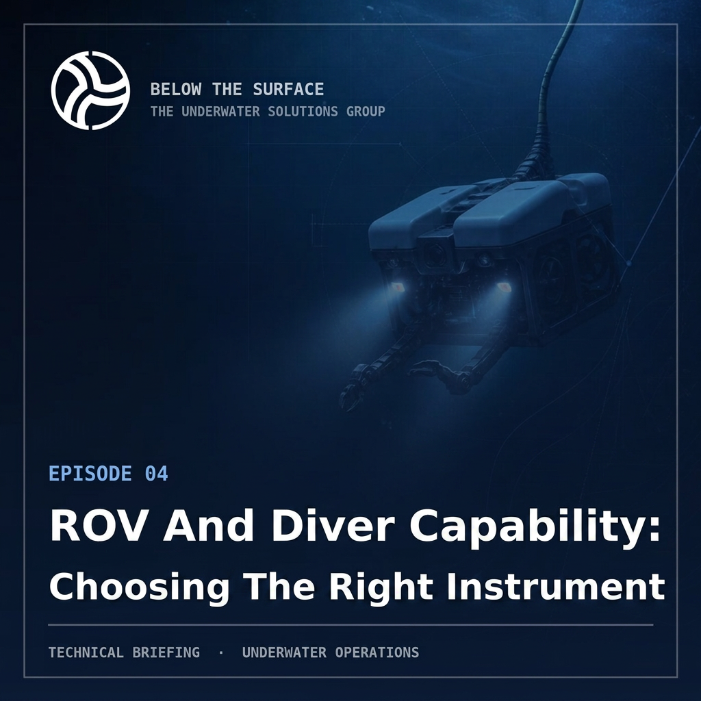 Below the Surface cover artwork for the episode “ROV And Diver Capability: Choosing The Right Instrument”