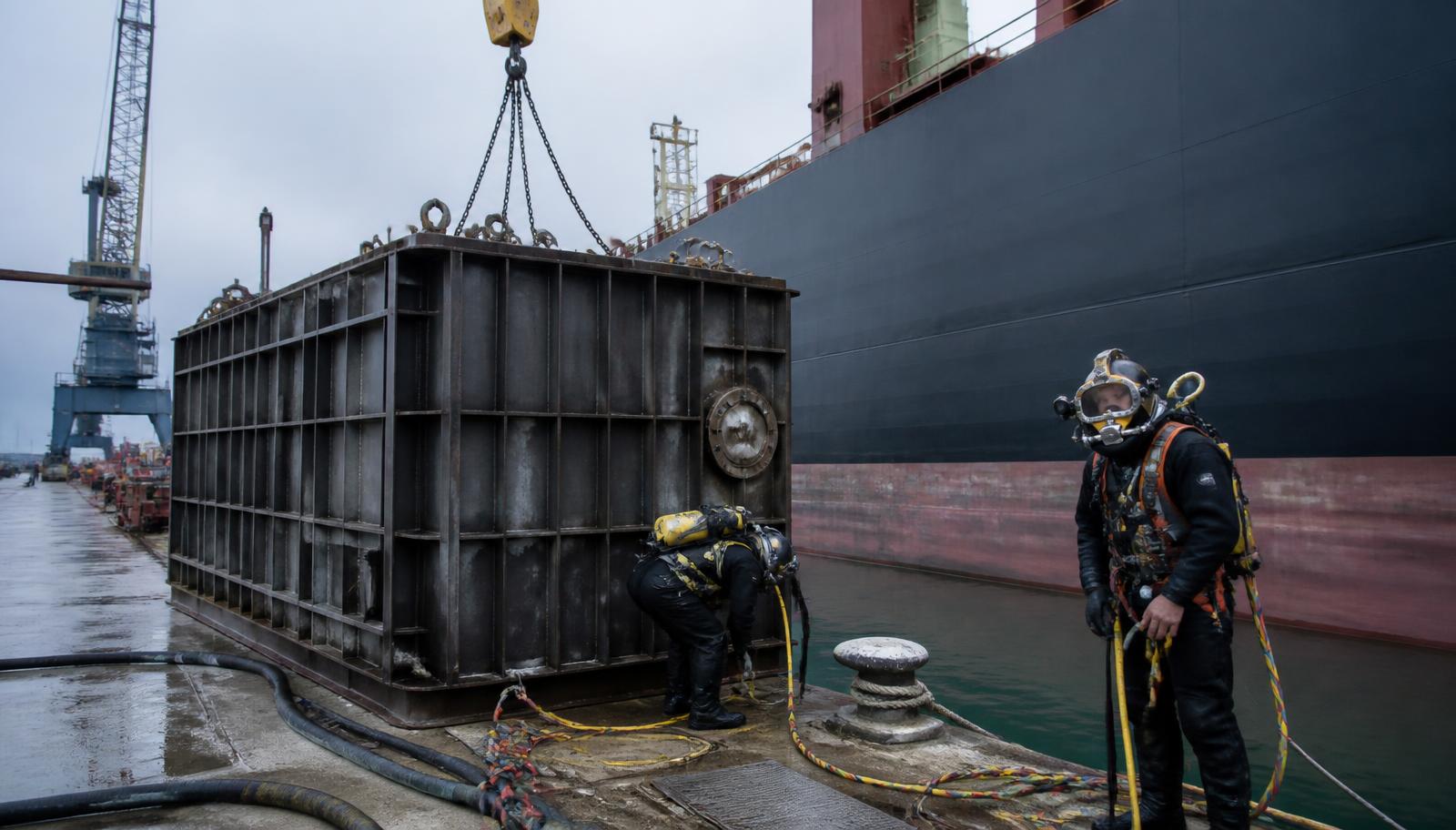 Diver working along a submerged quay wall structure
